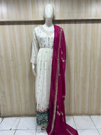 Ivory Georgette Embroidered Kurti with Contrast Magenta Dupatta