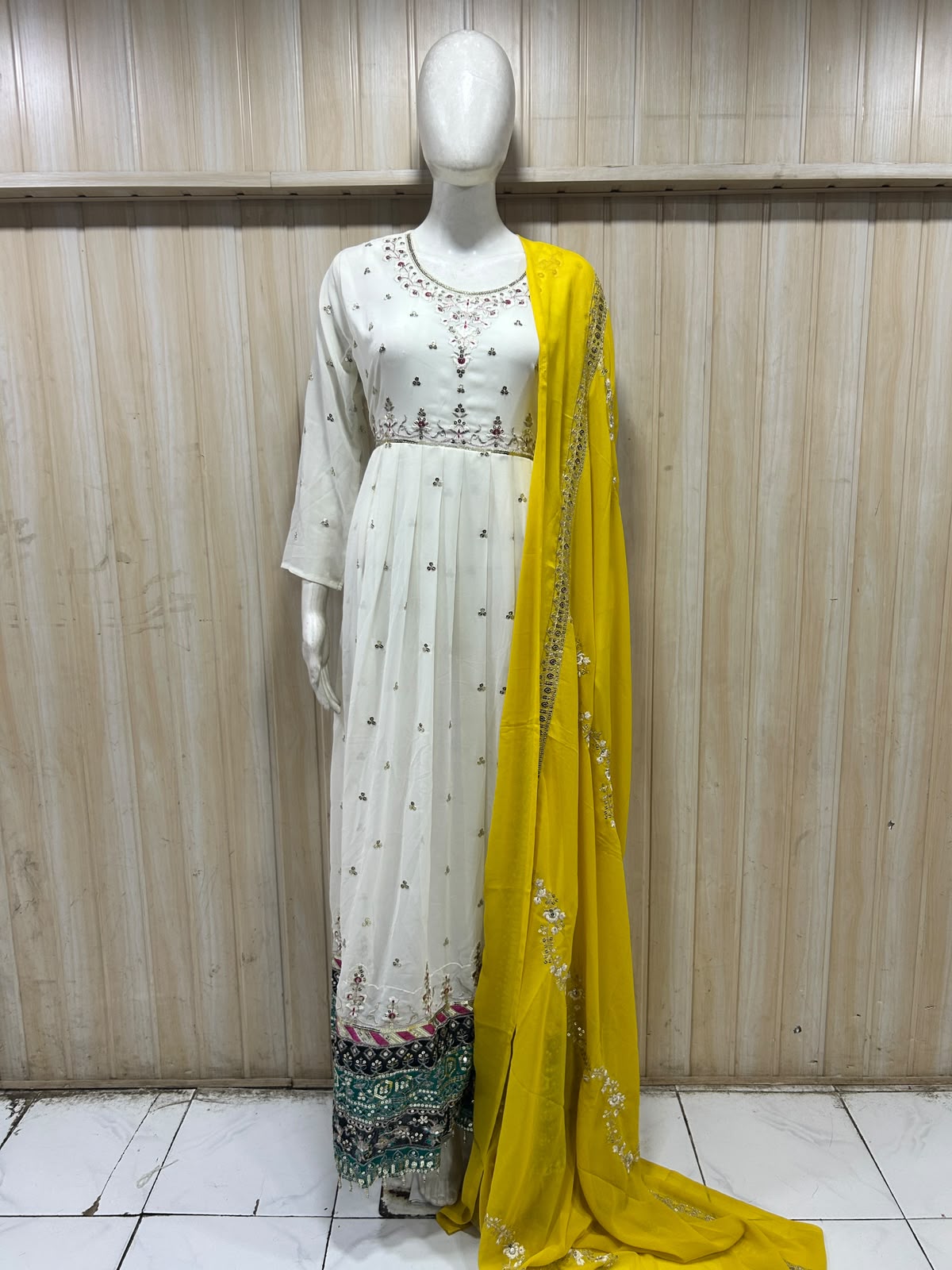 Ivory Georgette Embroidered Kurti with Contrast Yellow Dupatta