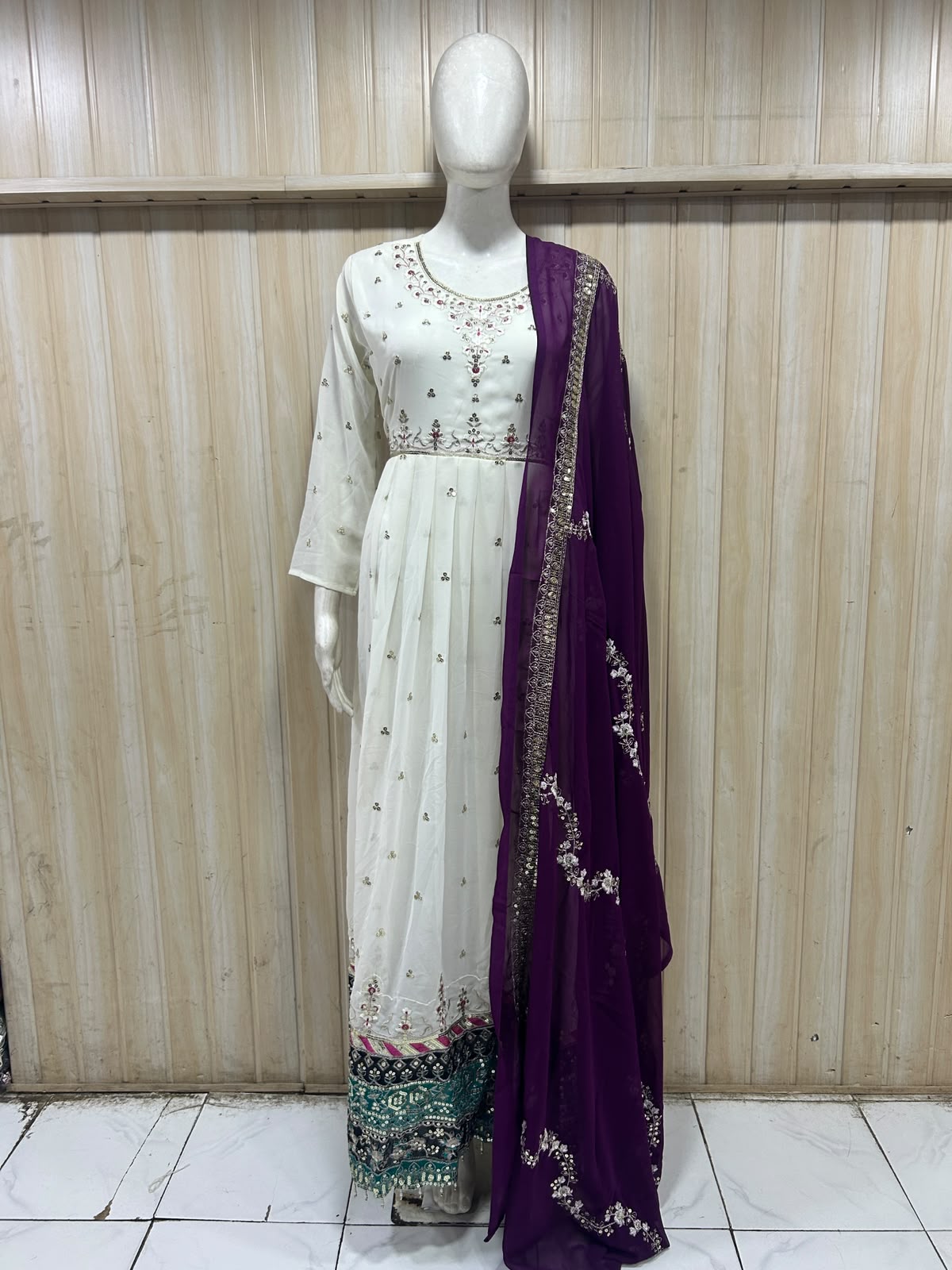 Ivory Georgette Embroidered Kurti with Contrast Purple Dupatta