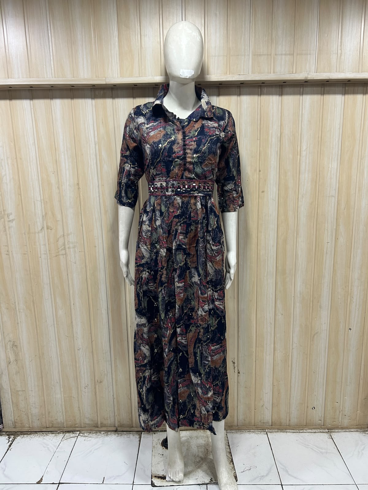 Navy Blue Printed Reyon/Rayon Round Kurti – Abstract Print 1-Piece Kurti