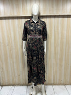 Black Printed Reyon/Rayon Round Kurti – Elegant Floral Pattern 1-Piece Kurti