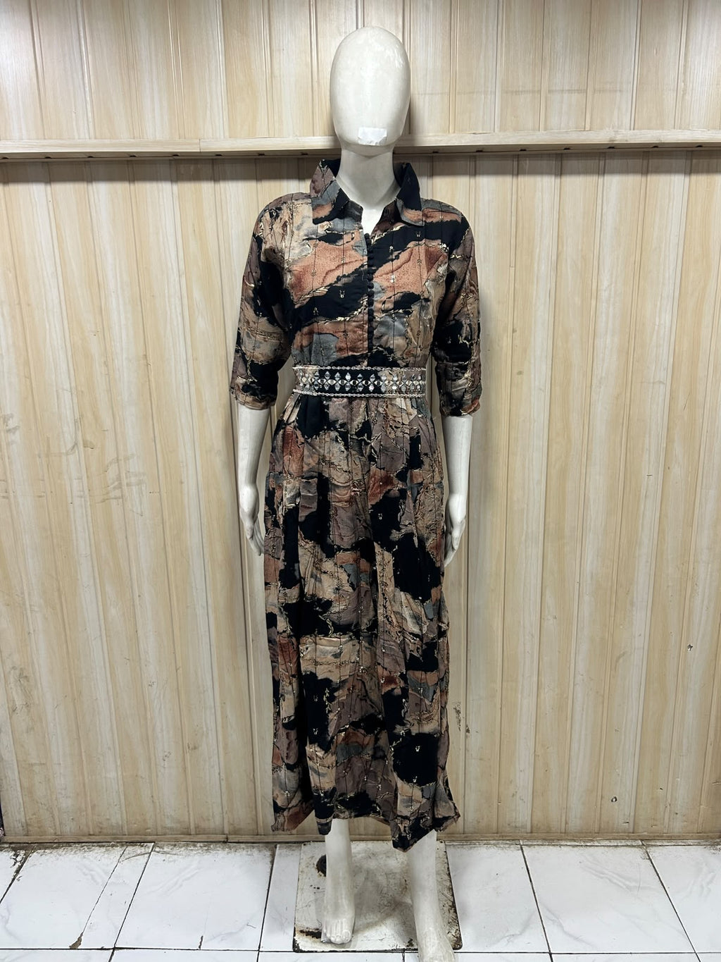 Black &amp; Beige Printed Reyon/Rayon Round Kurti – Abstract Print 1-Piece Kurti