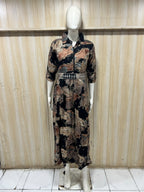 Black &amp; Beige Printed Reyon/Rayon Round Kurti – Abstract Print 1-Piece Kurti