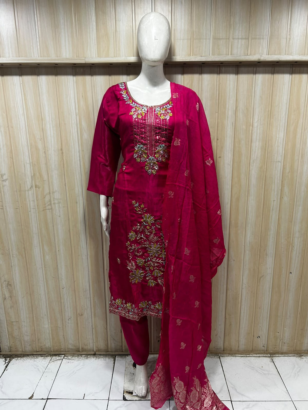 Wine Pink ROMAN GLASS 3-Piece Embroidered Ethnic Suit Set