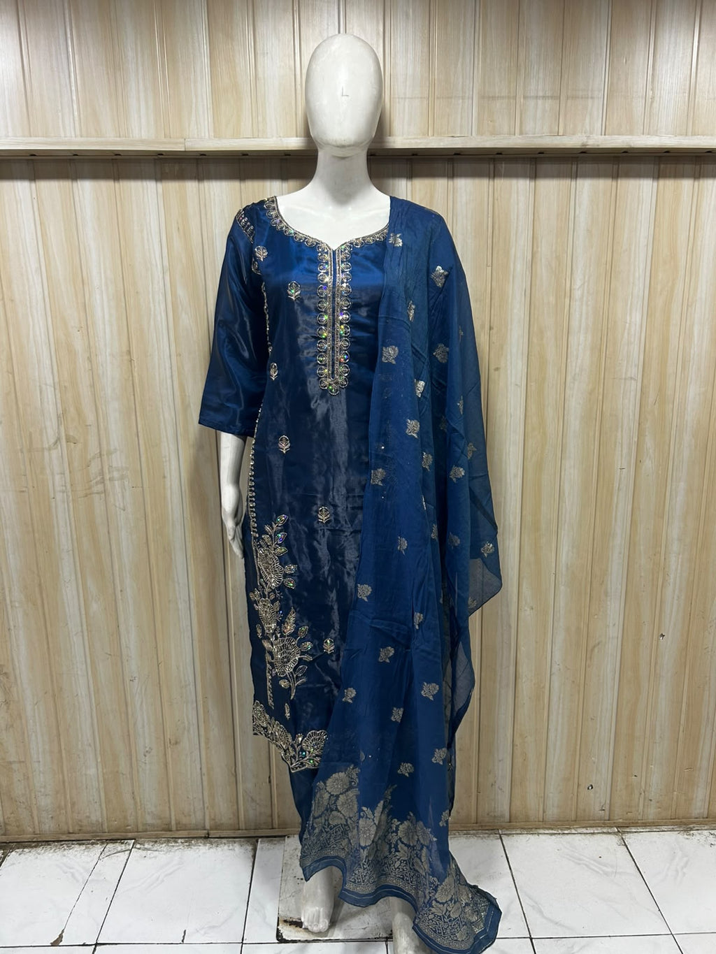 Navy Blue ROMAN GLASS 3-Piece Embroidered Ethnic Suit Set