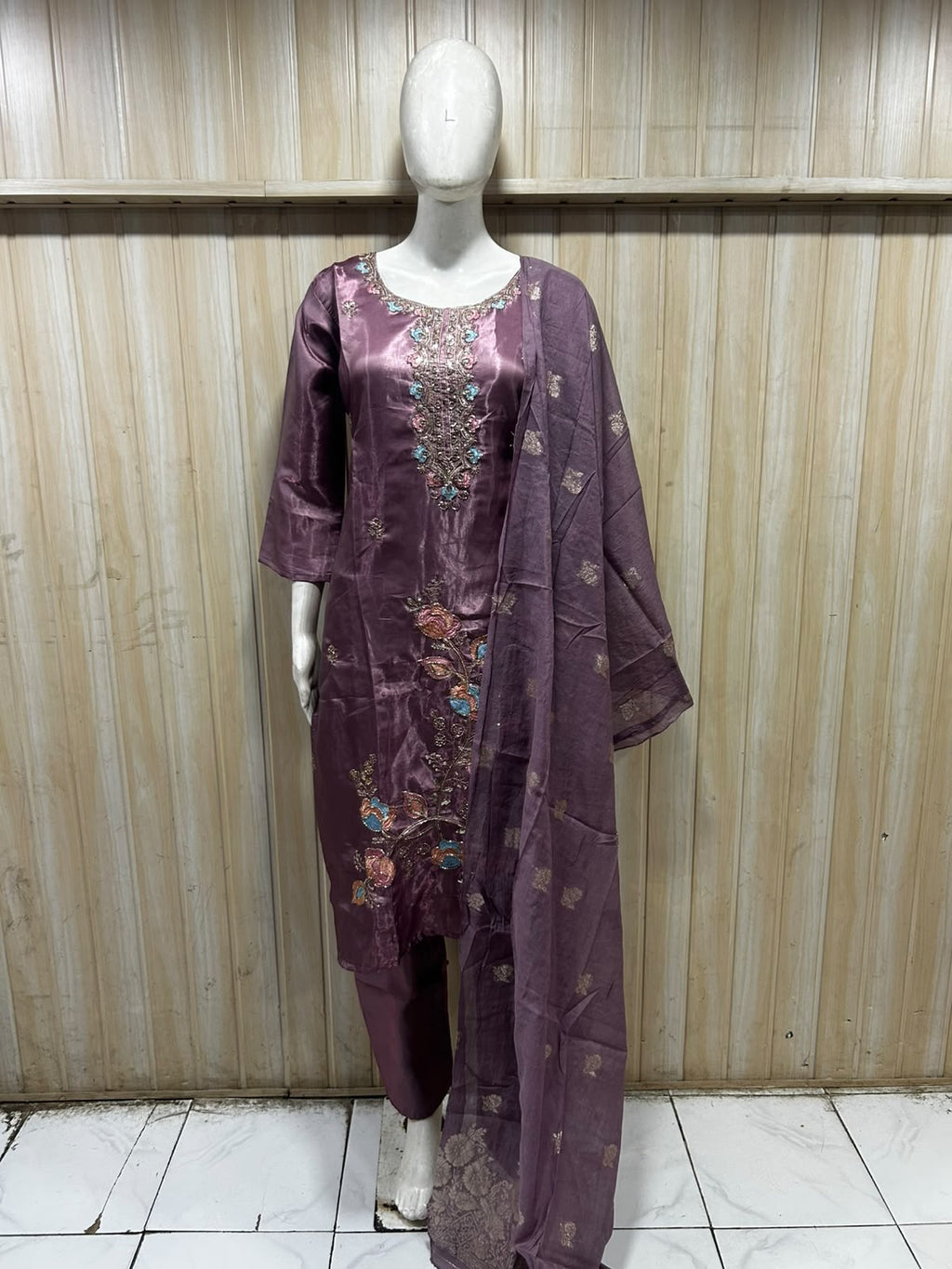 Plum Purple ROMAN GLASS 3-Piece Floral Embroidered Ethnic Suit Set