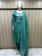Teal ROMAN GLASS 3-Piece Embroidered Ethnic Suit Set