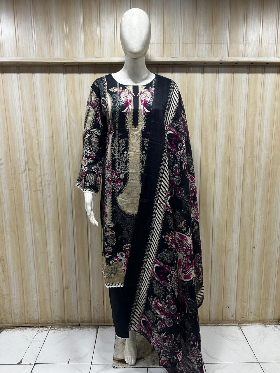 Black Floral Print Cotton 3-Piece Set with Palazzo