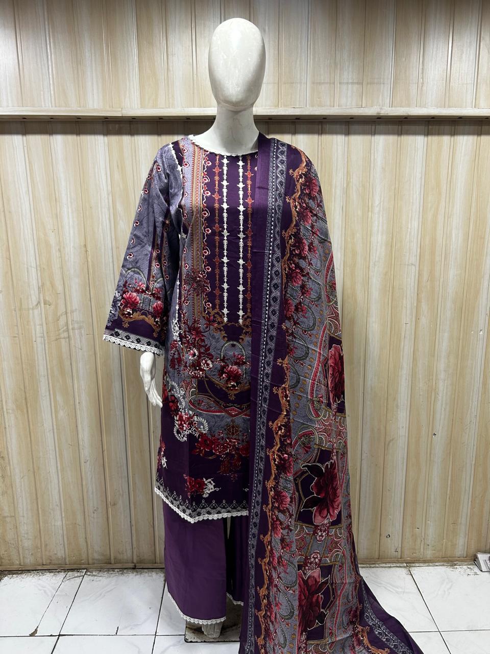 Purple Floral Print Cotton 3-Piece Set with Palazzo