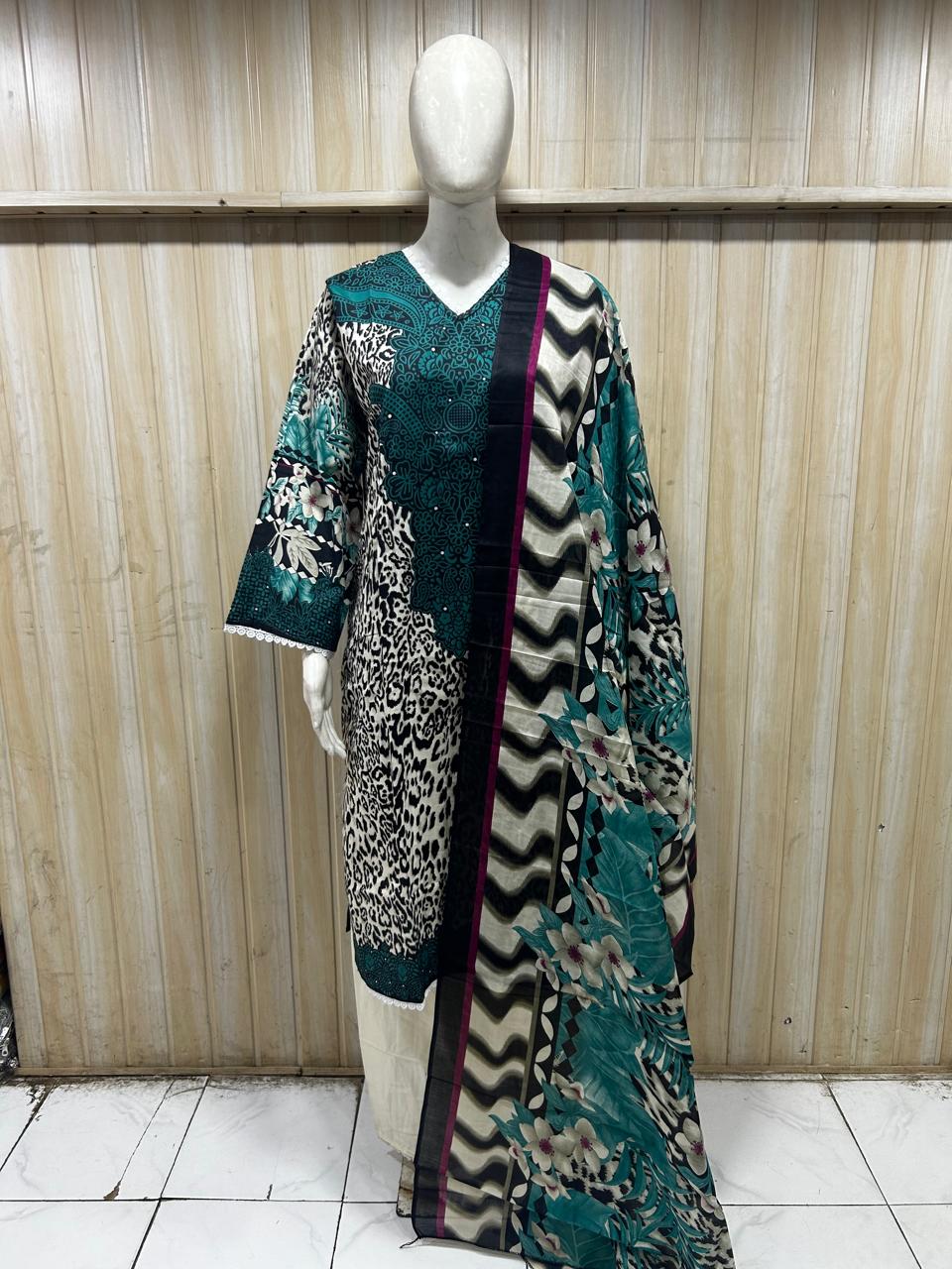Teal, Black & Ivory Cotton Printed 3-Piece Set with Palazzo