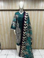 Teal, Black & Ivory Cotton Printed 3-Piece Set with Palazzo