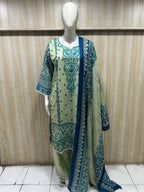 Sage Green & Teal Cotton Printed 3-Piece Set with Palazzo