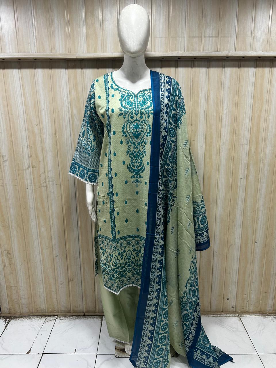 Sage Green & Teal Cotton Printed 3-Piece Set with Palazzo
