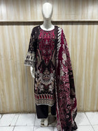 Black & Maroon Floral Print Cotton 3-Piece Set with Palazzo