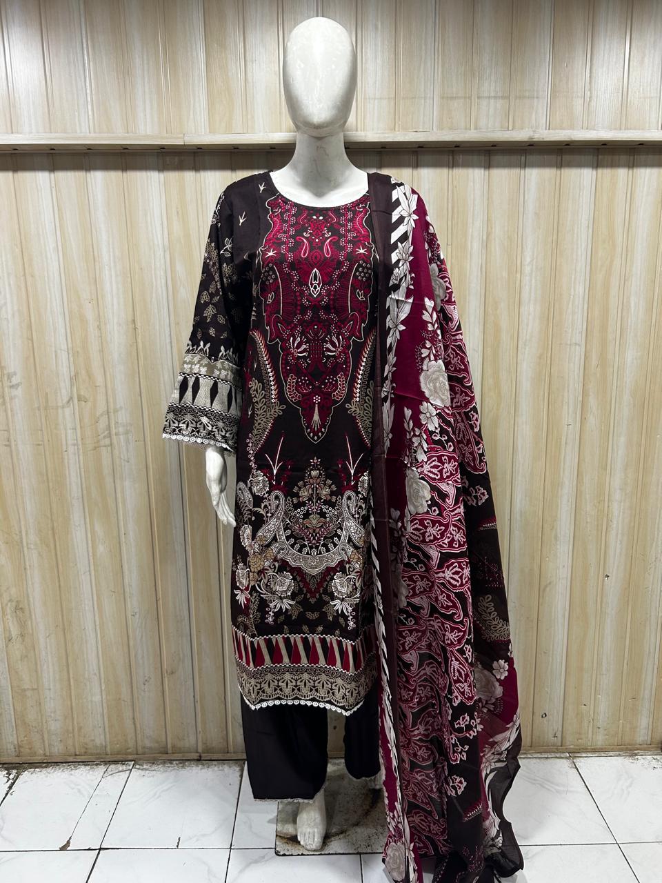 Black & Maroon Floral Print Cotton 3-Piece Set with Palazzo