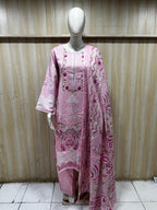 Pastel Pink Floral Print Cotton 3-Piece Set with Palazzo