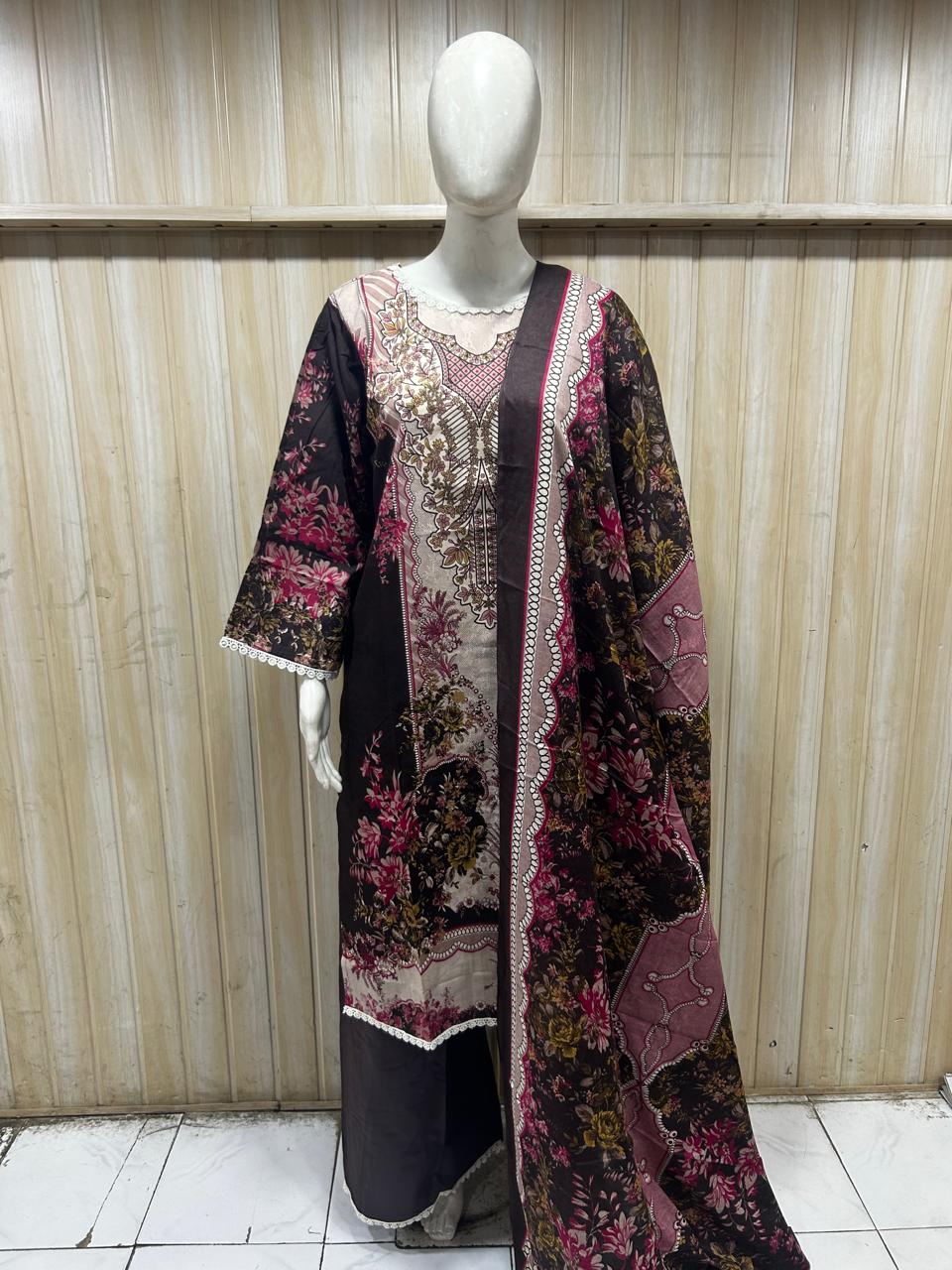 Black & Pink Floral Cotton Printed 3-Piece Set with Palazzo