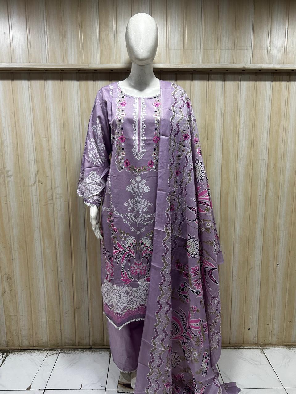 Lavender Cotton Printed 3-Piece Set with Palazzo