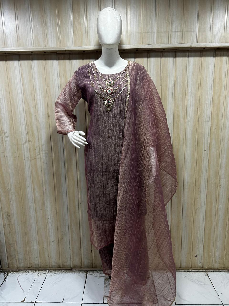 Mauve Plum Salsa Printed 3-Piece Suit Set with Palazzo and Dupatta