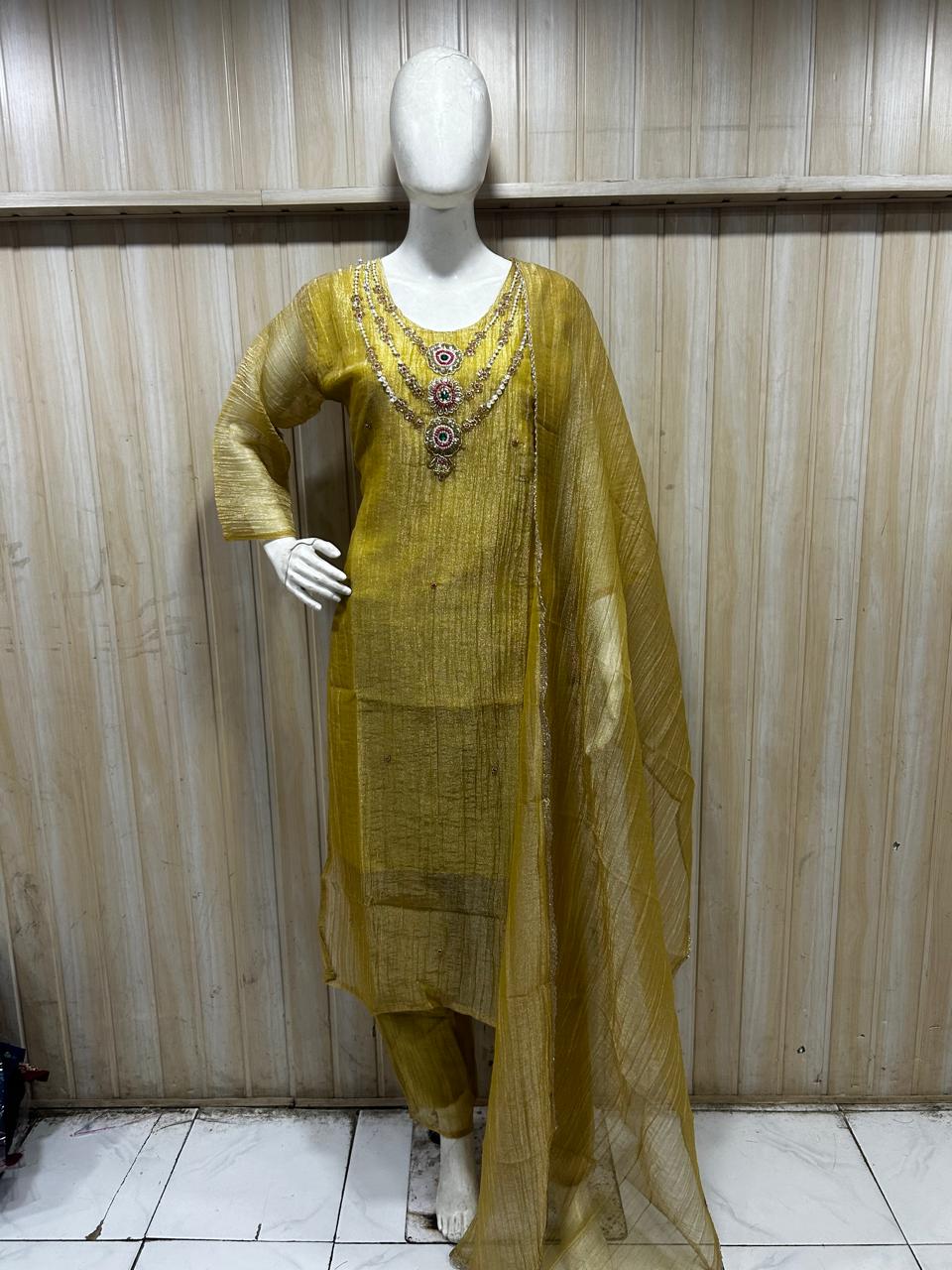 Mustard Olive Salsa 3-Piece Suit Set with Dupatta and Palazzo