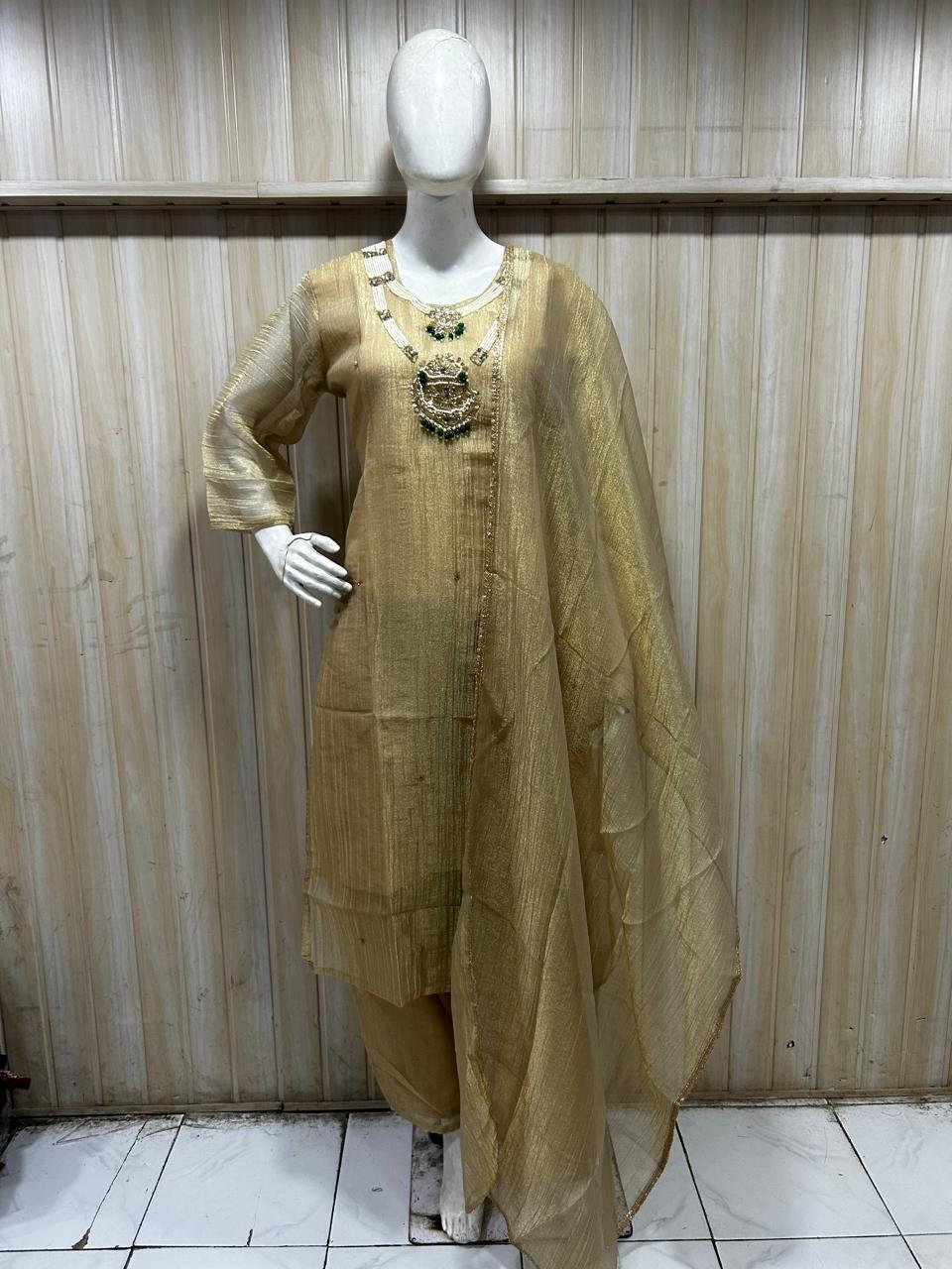 Champagne Gold Salsa Printed 3-Piece Suit Set with Palazzo and Dupatta