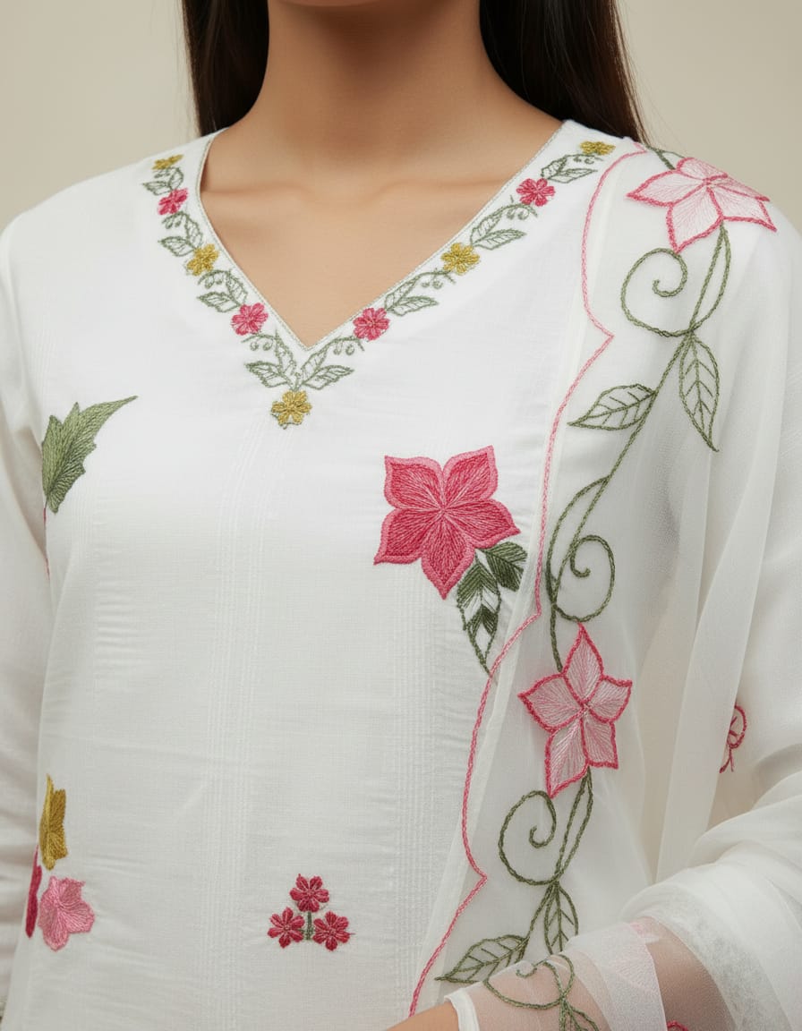 Classic White Roman Silk Kurta Set with Floral Digital Dupatta