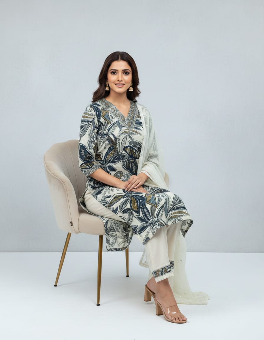 This is a professional fashion photoshoot image of a female model wearing a traditional Indian kurti set. The photo is styled to look clean, elegant, and suitable for catalogs or online stores.