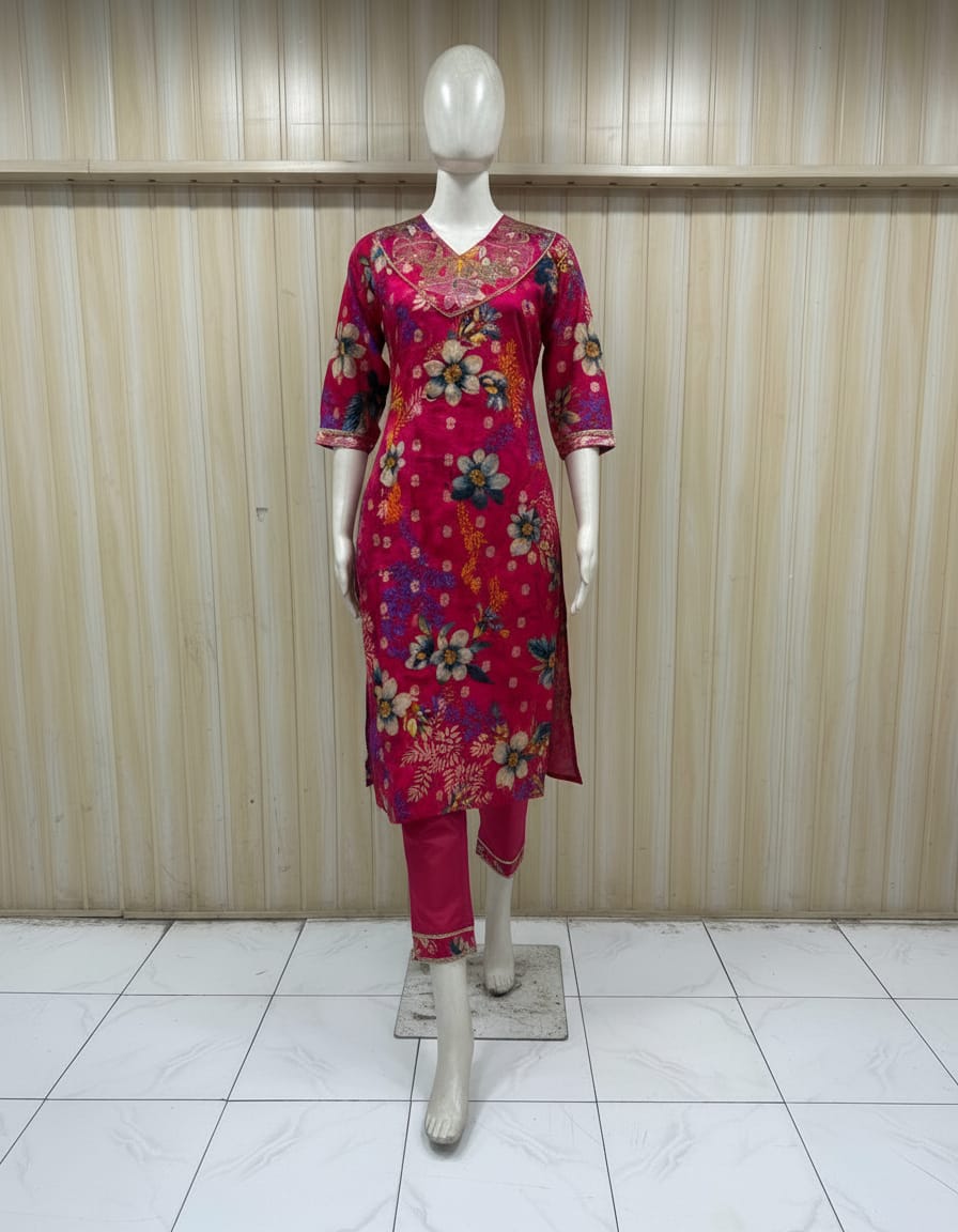 This is a high-quality fashion photoshoot image showing a female model wearing a bright pink traditional kurti set. The image looks like it’s made for catalog, eCommerce, or brand promotion.