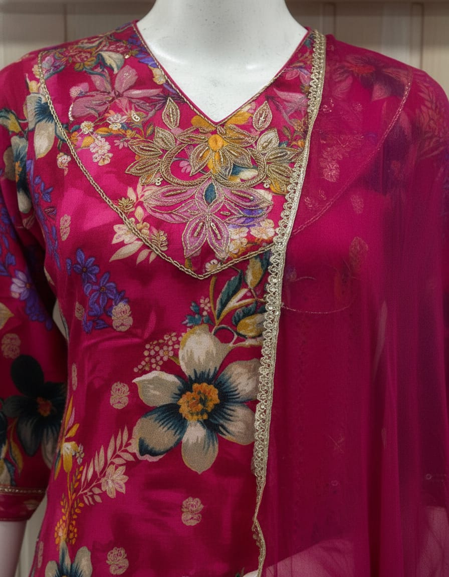 This is a high-quality fashion photoshoot image showing a female model wearing a bright pink traditional kurti set. The image looks like it’s made for catalog, eCommerce, or brand promotion.