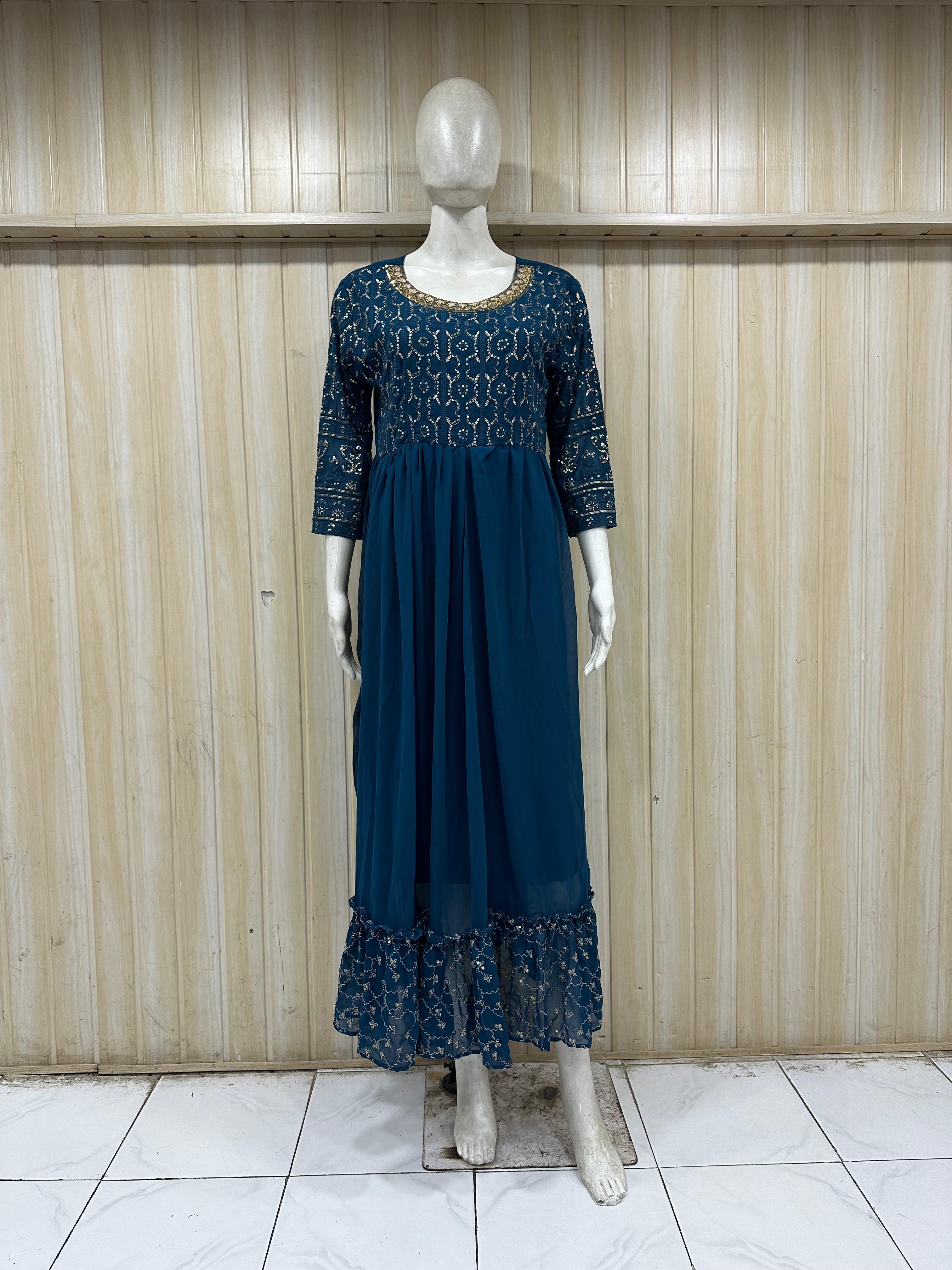 mannequin wearing a nevy blue floral dress outfit with Traditional against a wooden panel background