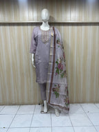 Lavender Embroidered Straight Suit Set