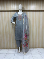 Steel Grey Embroidered Straight Suit Set