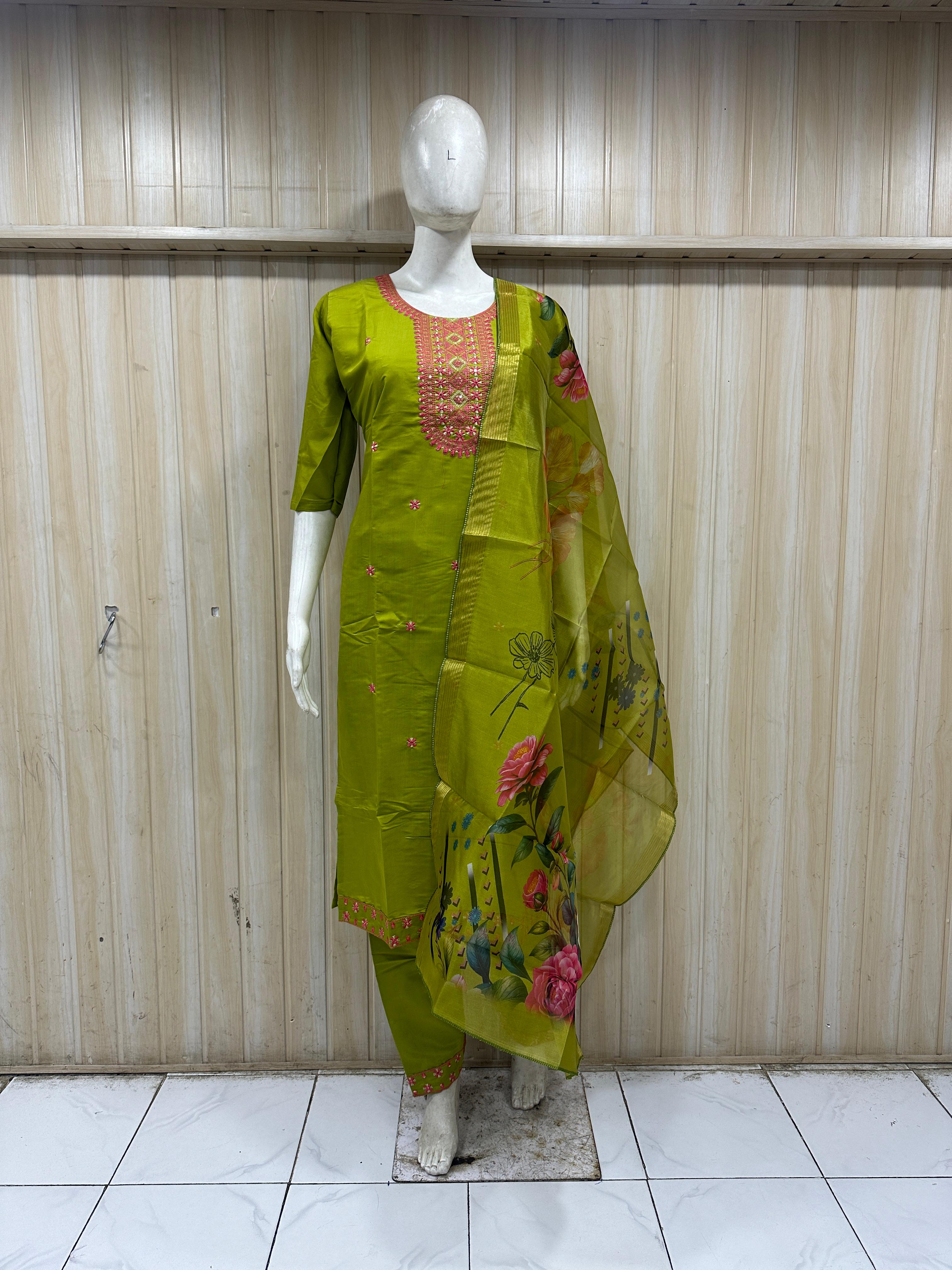 Olive Green Roman Silk 3-piece kurta set