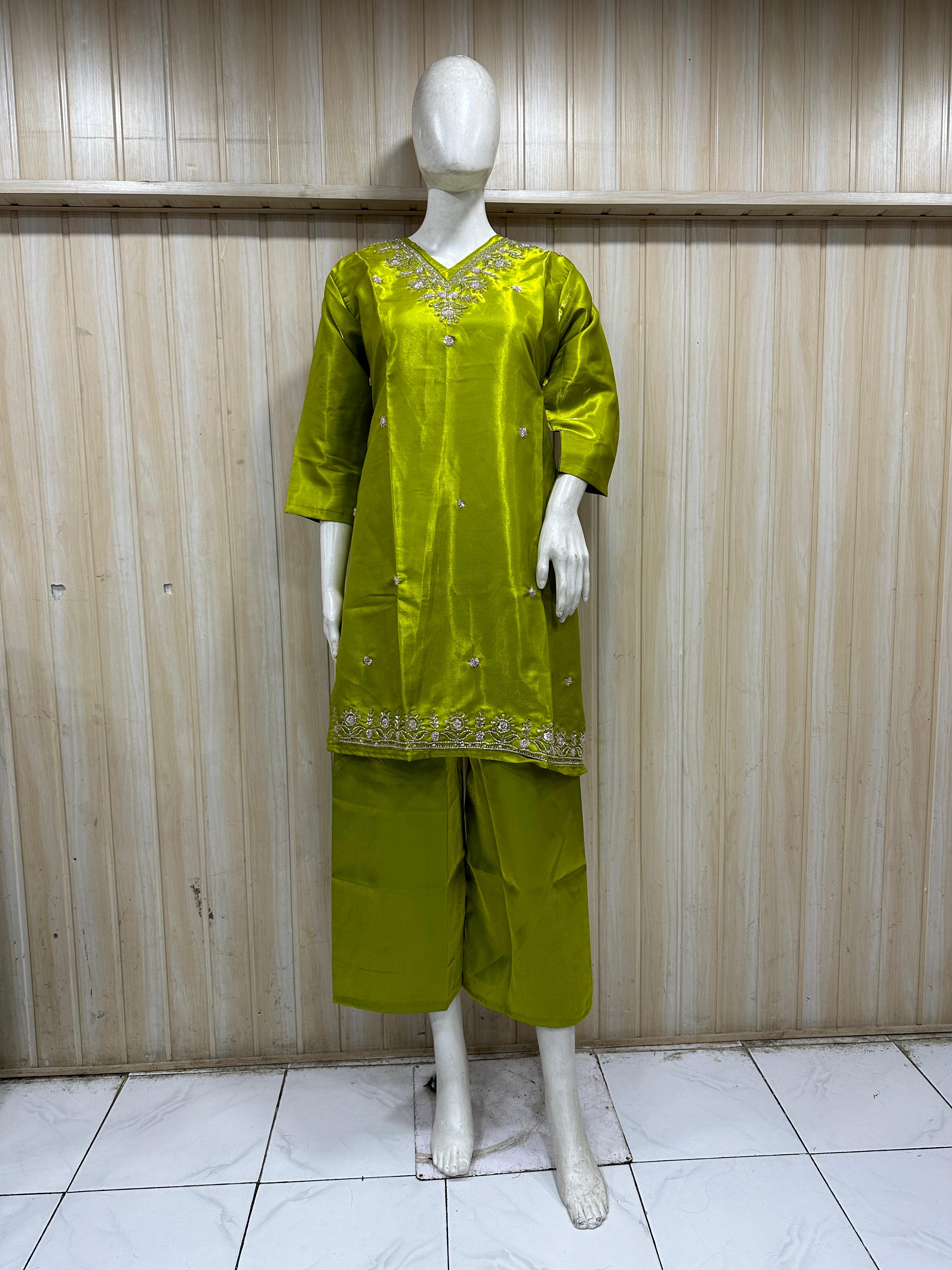 Olive Green Roman Glass Embroidered Straight Kurti &amp; Pant Set