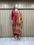 Ruby Red GEORGETTE Printed 3-Piece Ethnic Suit Set with Contrast Yellow Dupatta