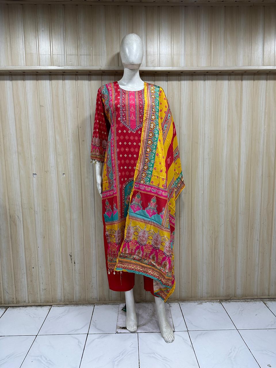 Ruby Red GEORGETTE Printed 3-Piece Ethnic Suit Set with Contrast Yellow Dupatta