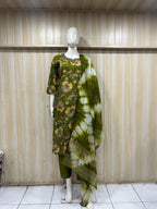 Olive Green Vertican Floral Printed 3-Piece Ethnic Suit Set with Dupatta