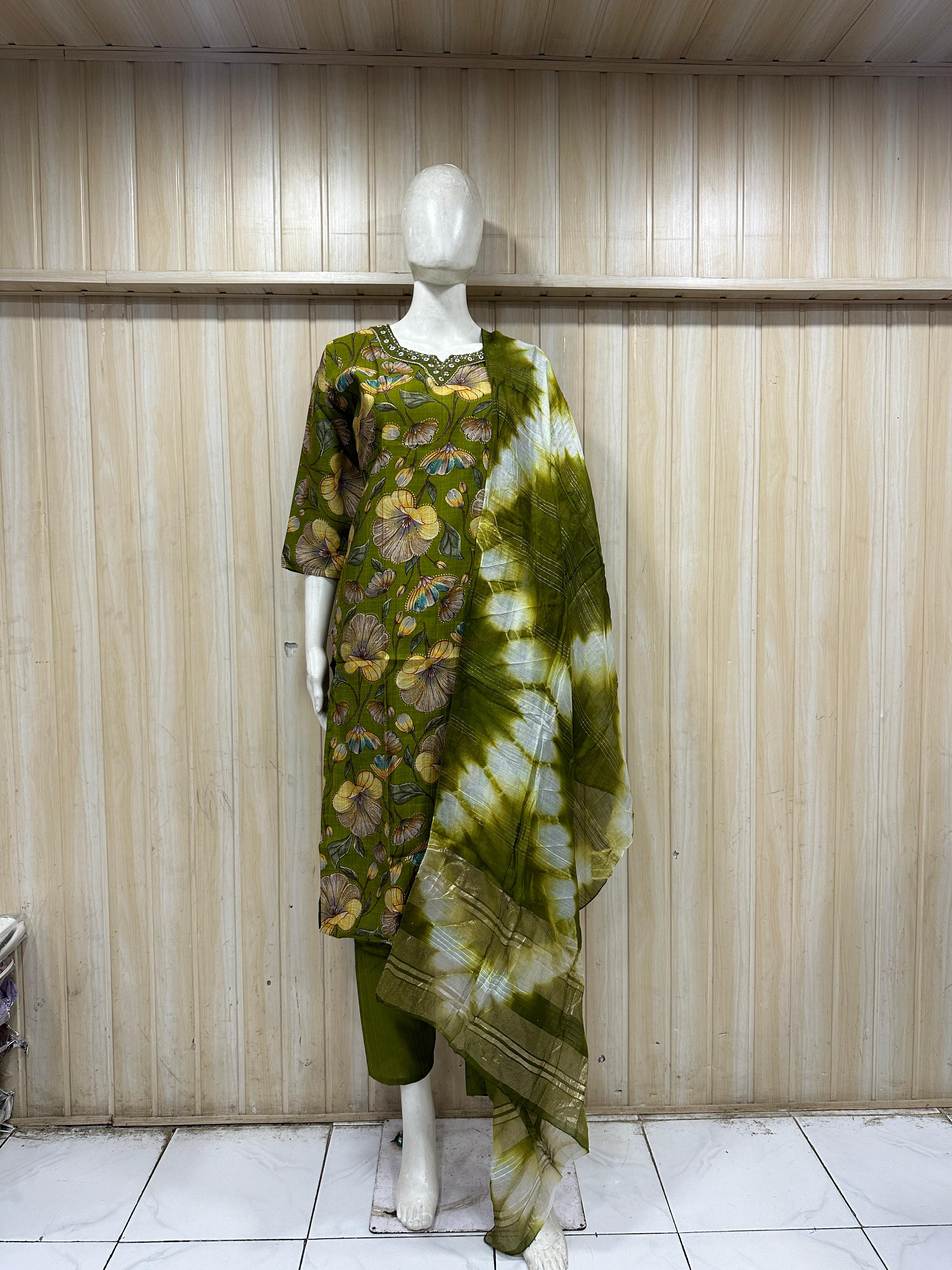 Olive Green Vertican Floral Printed 3-Piece Ethnic Suit Set with Dupatta