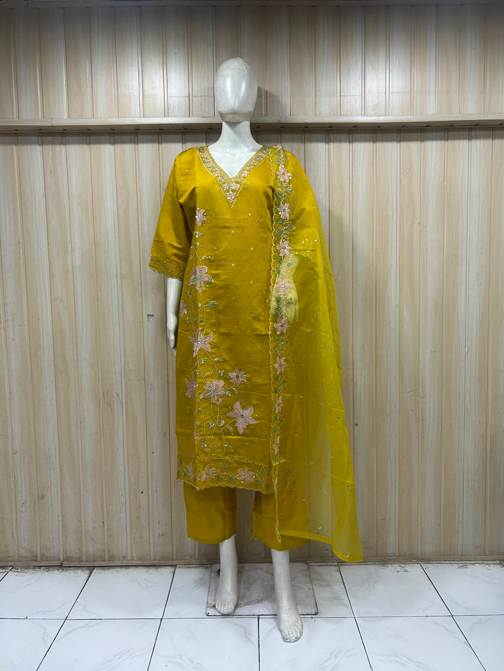 Mustard Yellow ROMAN SILK Embroidered 3-Piece Ethnic Suit Set