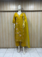 Mustard Yellow ROMAN SILK Embroidered 3-Piece Ethnic Suit Set