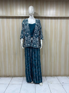 Deep Teal Blue American Crepe 3-Piece Printed Co-Ord Set with Open-Front Floral Jacket