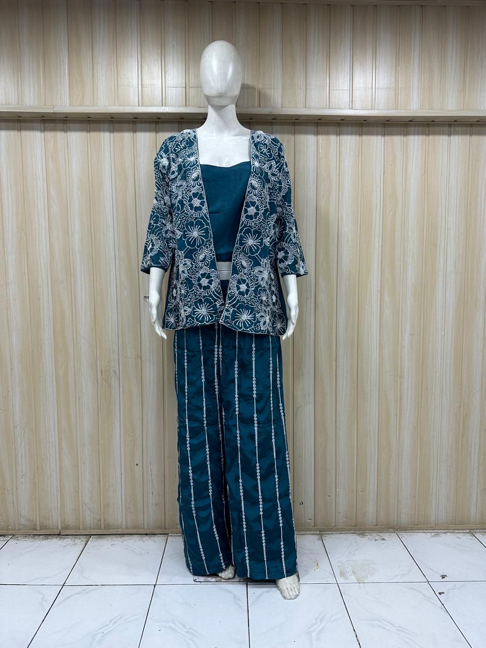 Deep Teal Blue American Crepe 3-Piece Printed Co-Ord Set with Open-Front Floral Jacket