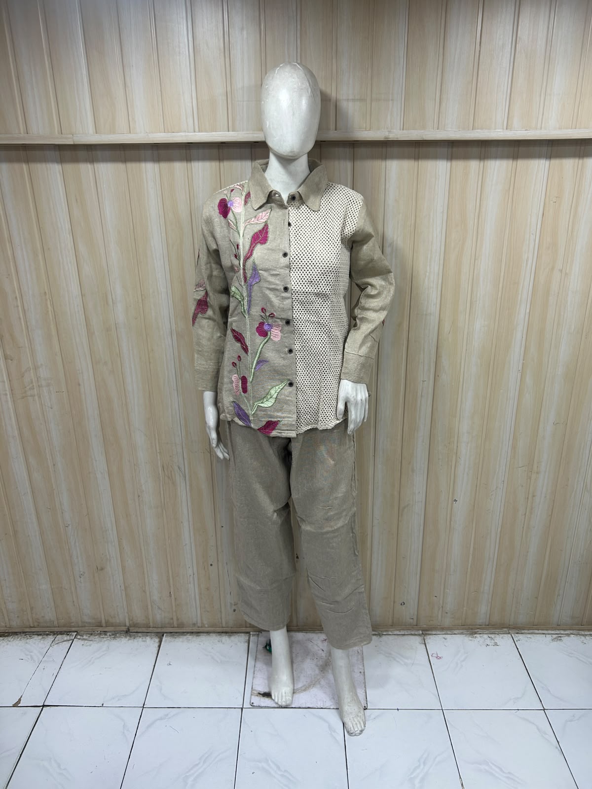 Taupe Cotton Hand Work Embroidered Co-Ord Set for Women