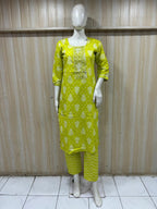 Lime Green Cotton 2-Piece Set with Hand Work Embellished Round Neck