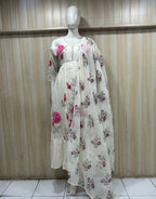 Off-White Cotton 3-Piece Set with Floral Embroidery &amp; Printed Dupatta