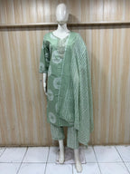Sage Green Cotton 3-Piece Set with Embroidered Neckline