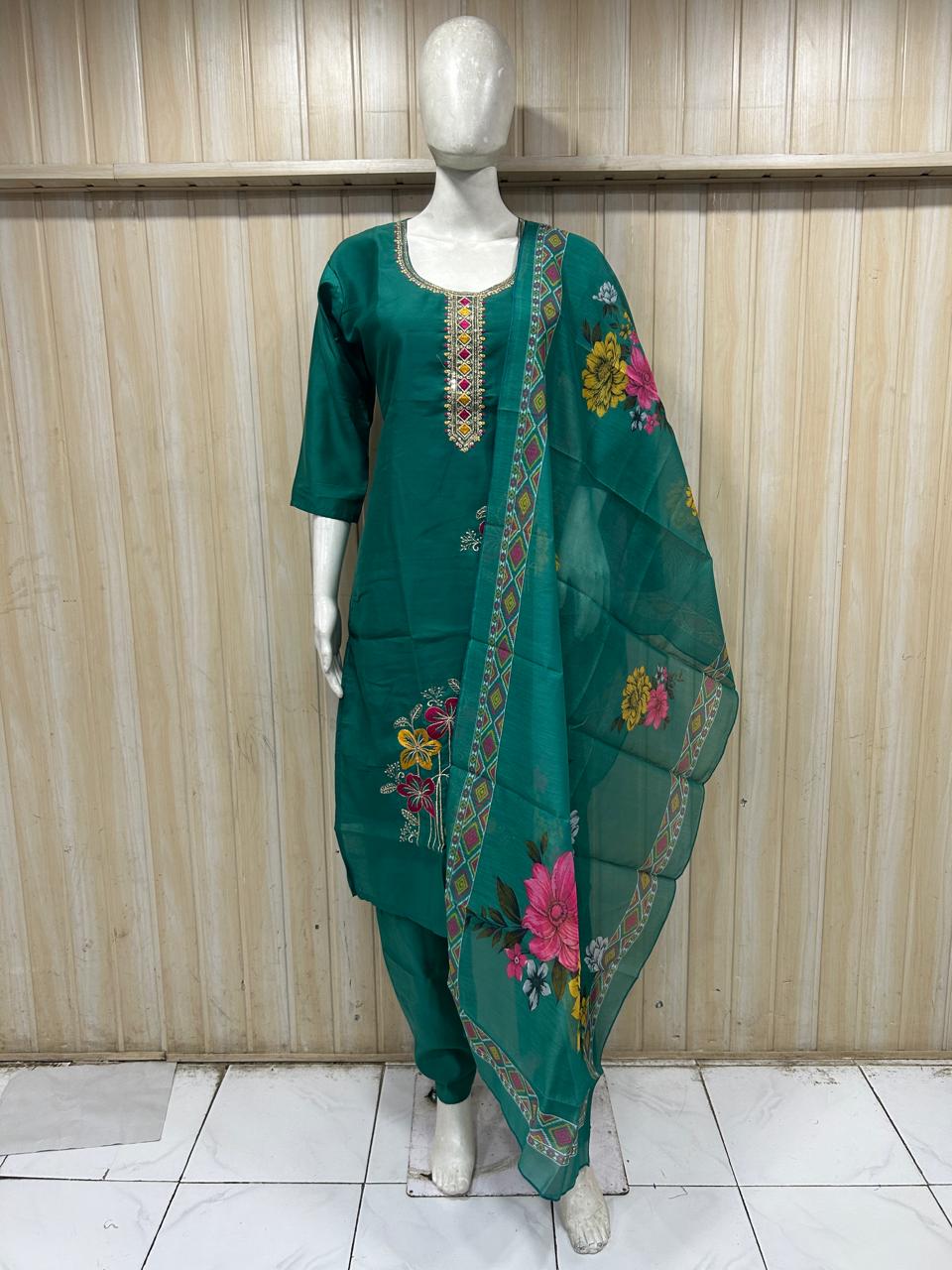 Premium Teal Green ROMAN SILK 3-Piece Ethnic Suit Set with Embroidered Neckline &amp; Printed Dupatta