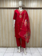 Premium Ruby Red ROMAN SILK 3-Piece Ethnic Suit Set with Embroidered V-Neck & Floral Printed Dupatta