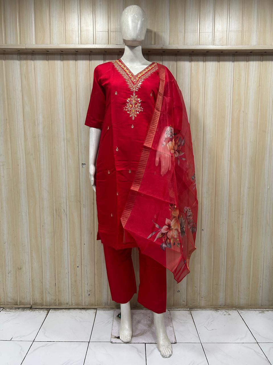 Premium Ruby Red ROMAN SILK 3-Piece Ethnic Suit Set with Embroidered V-Neck & Floral Printed Dupatta