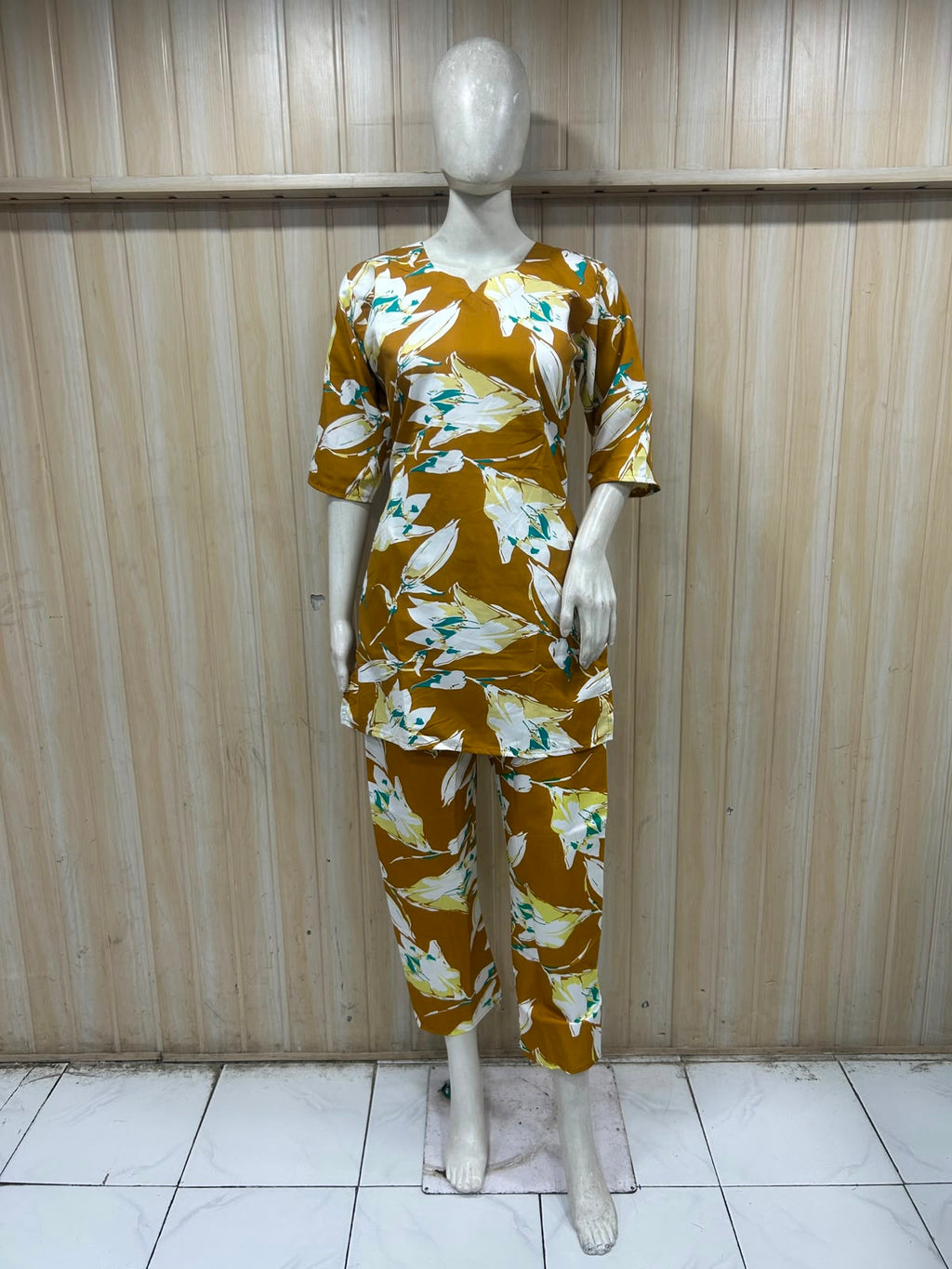 Mustard Brown Cotton Floral Print Co-Ord Set for Women